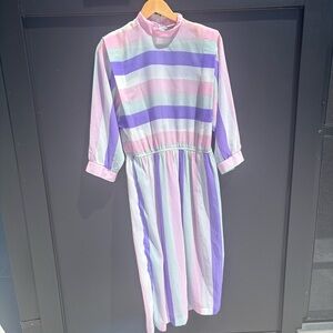 Vintage 80s Pastel Striped Midi Dress – High Neck Modest Style – Size M/L